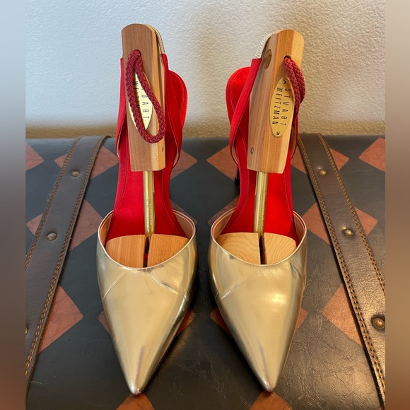 Giambattista Valli Red Satin & Silver Mirror Slingback Pump Heels - Picture 4 of 9
